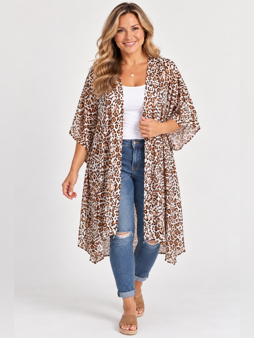 Leopard Print Open-Front Kimono Cardigan – One Size
